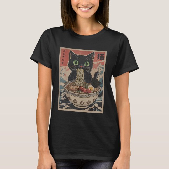 Black Anime Cat Ramen Noodles Japanese Funny Kawai T-Shirt (Front)