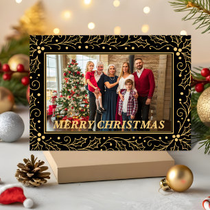Black & Antique-Gold Family Christmas Photo Holiday Card