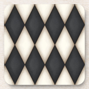 Black & Antique White Harlequin Checkered Pattern Coaster