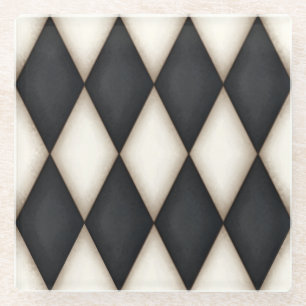 Black & Antique White Harlequin Checkered Pattern Glass Coaster