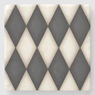 Black & Antique White Harlequin Checkered Pattern Stone Coaster