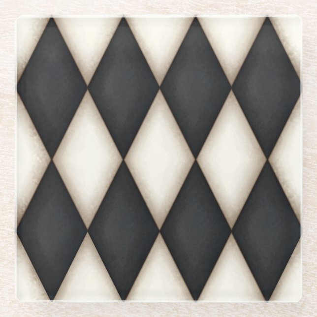 Black & Antique White Harlequin Chequered Pattern Glass Coaster (Front)