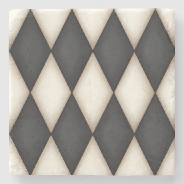 Black & Antique White Harlequin Chequered Pattern Stone Coaster (Front)
