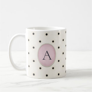 Black & Antique White Polka Dots Monogram (Pink) Coffee Mug
