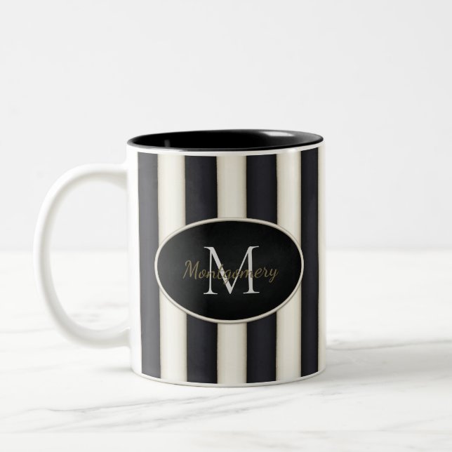 Black & Antique White Stripes Oval Framed Monogram Two-Tone Coffee Mug (Left)