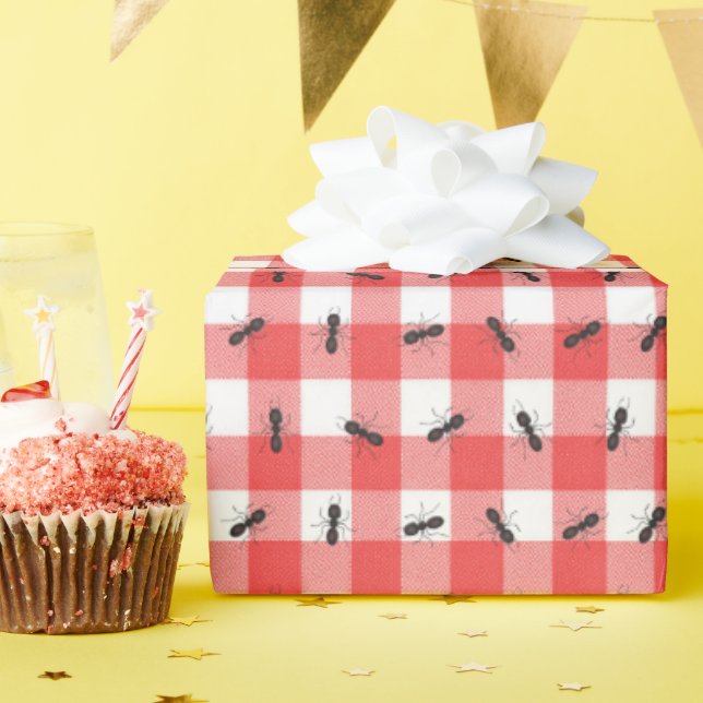 Black Ants On Gingham Check Wrapping Paper (Birthday Party)