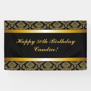 Black Any Age Gold Damask Birthday Banner