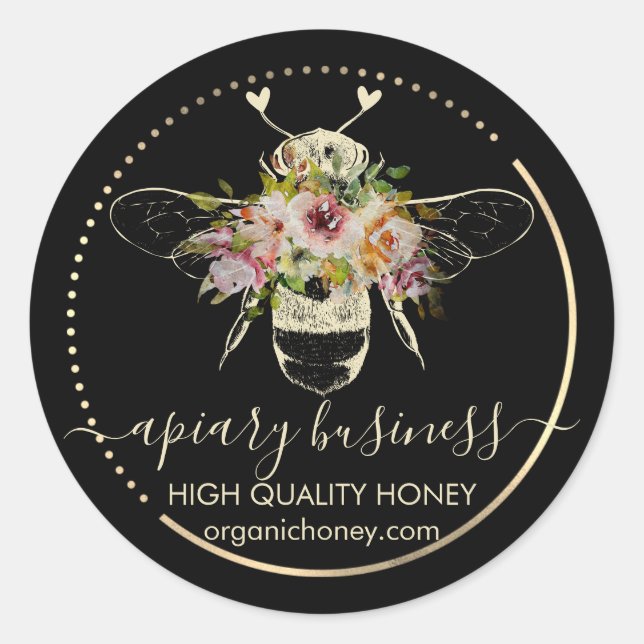 Black Apiary Honey Bee Hearts Classic Round Sticker (Front)