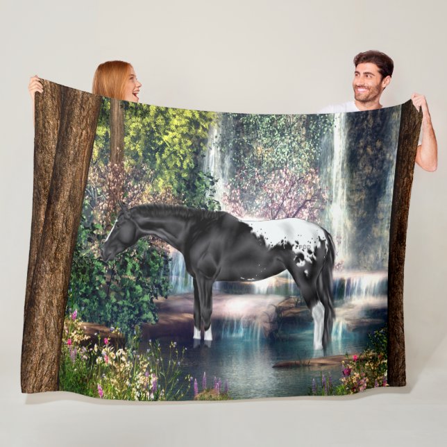 Black Appaloosa Horse Waterfall Background Fleece Blanket (In Situ)
