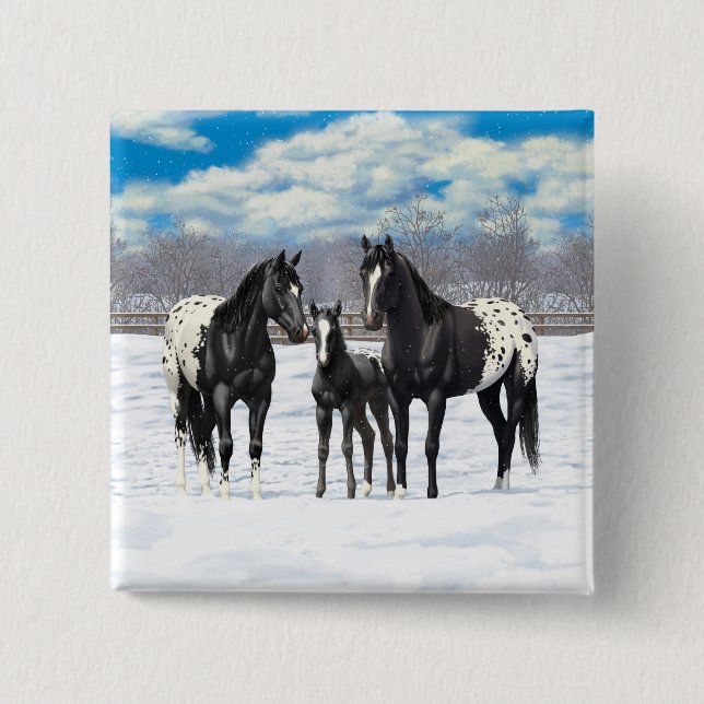 Black Appaloosa Horses In Snow 15 Cm Square Badge (Front)