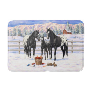 Black Appaloosa Horses In Snow Bath Mat