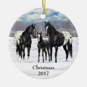Black Appaloosa Horses In Snow Ceramic Ornament