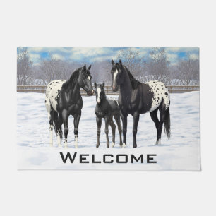 Black Appaloosa Horses In Snow Doormat