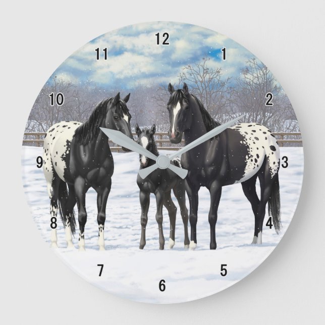 Black Appaloosa Horses In Snow Large Clock (Front)