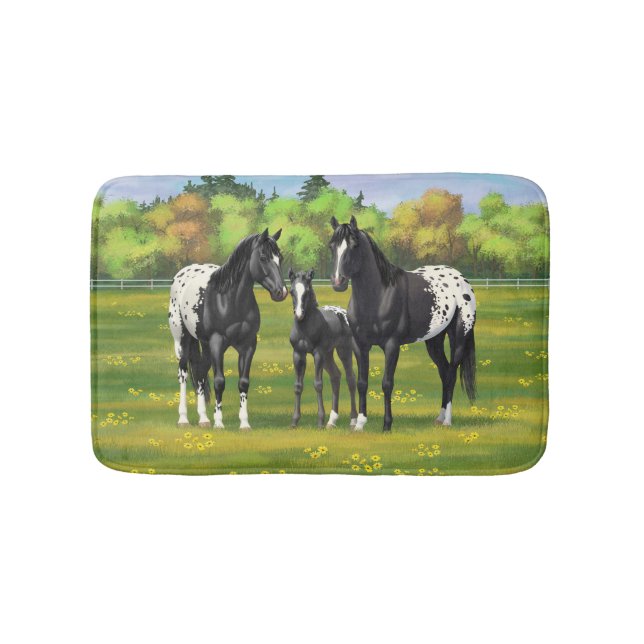 Black Appaloosa Horses In Summer Pasture Bath Mat (Front)