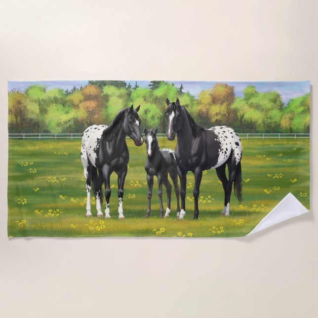 Black Appaloosa Horses In Summer Pasture Beach Towel (Front)