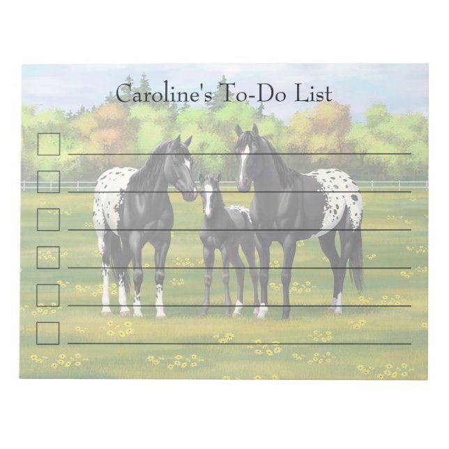 Black Appaloosa Horses In Summer Pasture Notepad (Front)