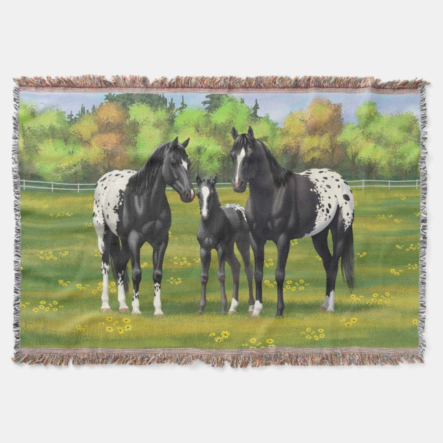 Black Appaloosa Horses In Summer Pasture Throw Blanket (Front)