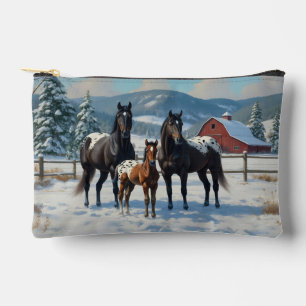Black Appaloosa Horses on a Farm in Winter Accessory Pouch