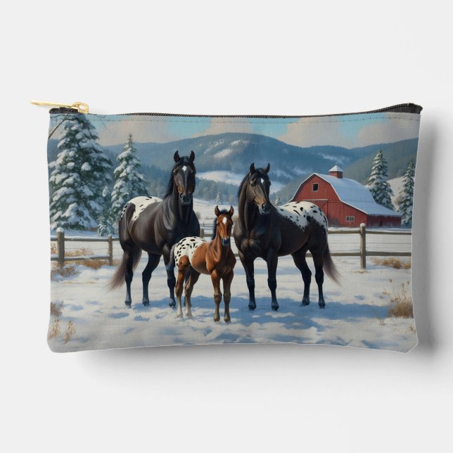 Black Appaloosa Horses on a Farm in Winter Accessory Pouch (Front)