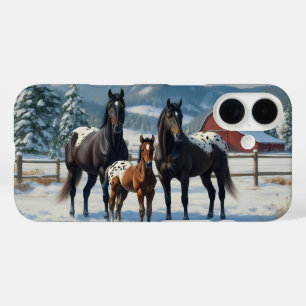 Black Appaloosa Horses on a Farm in Winter iPhone 16 Case