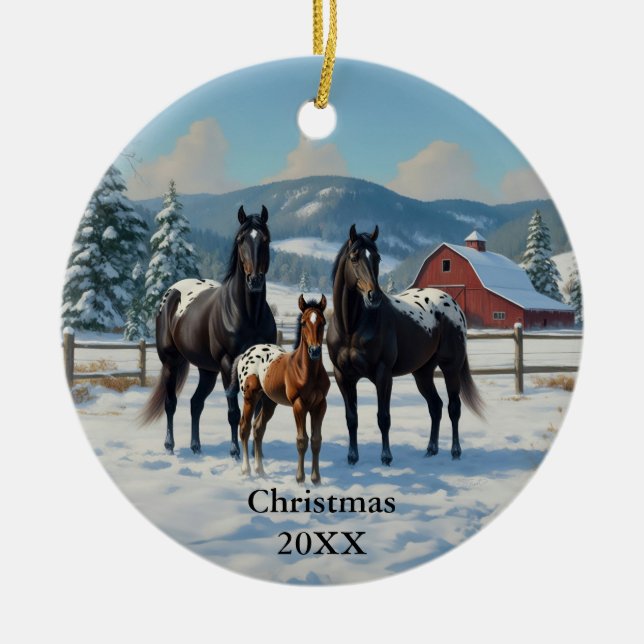 Black Appaloosa Horses on a Farm in Winter Ceramic Ornament (Front)