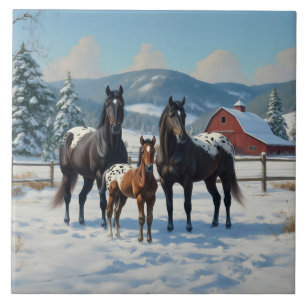Black Appaloosa Horses on a Farm in Winter Ceramic Tile