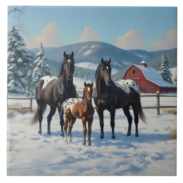 Black Appaloosa Horses on a Farm in Winter Ceramic Tile (Front)