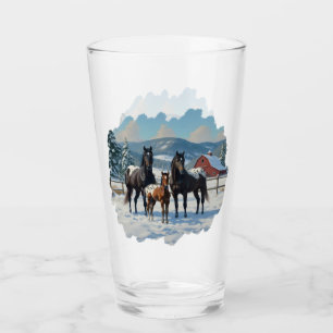 Black Appaloosa Horses on a Farm in Winter Glass