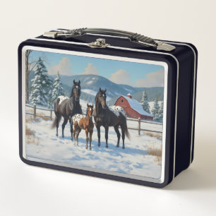 Black Appaloosa Horses on a Farm in Winter Metal Lunch Box