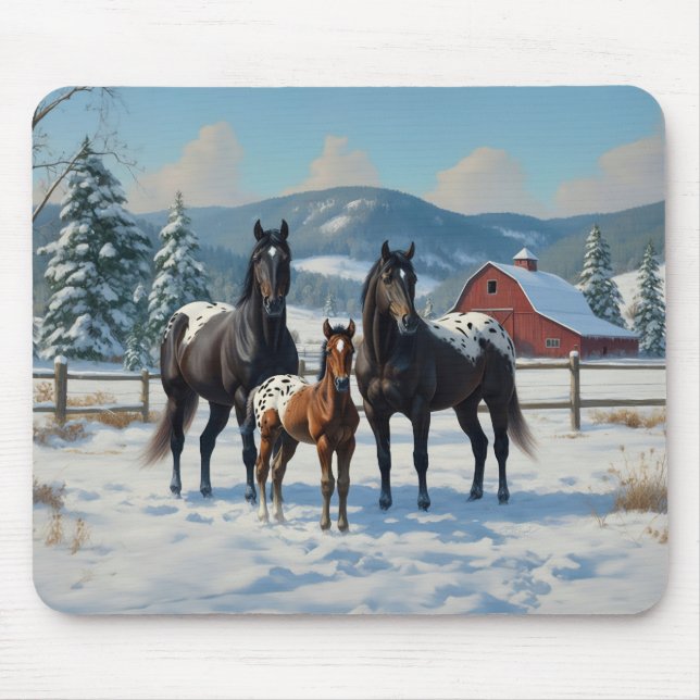 Black Appaloosa Horses on a Farm in Winter Mouse Pad (Front)