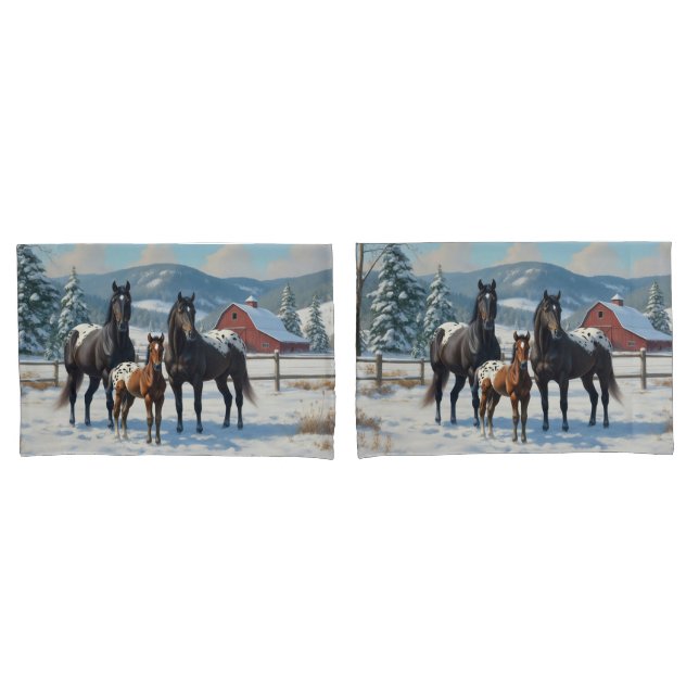 Black Appaloosa Horses on a Farm in Winter Pillowcase (Front-Set)
