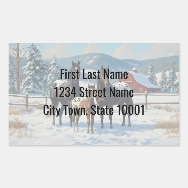 Black Appaloosa Horses on a Farm in Winter Rectangular Sticker (Front)