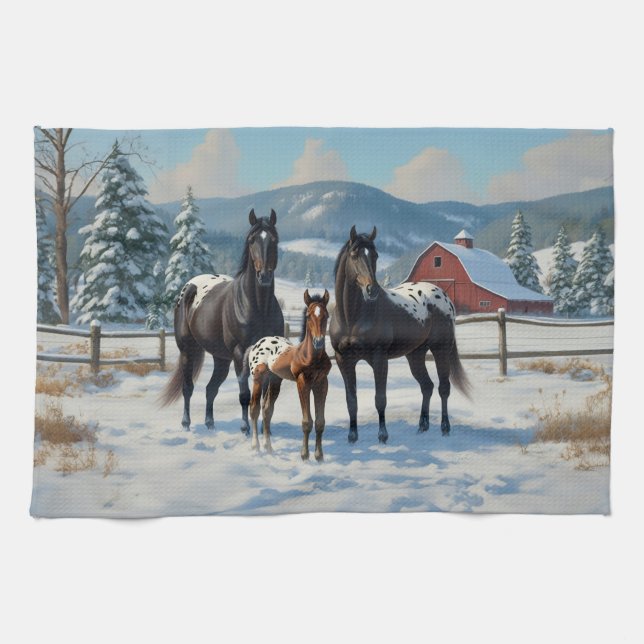Black Appaloosa Horses on a Farm in Winter Tea Towel (Horizontal)