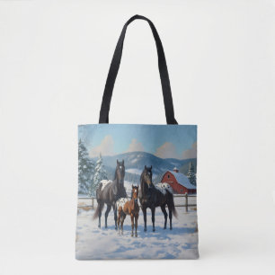Black Appaloosa Horses on a Farm in Winter Tote Bag