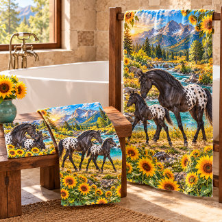 Black Appaloosa Mare & Foal Sunflower Bath Towel Set
