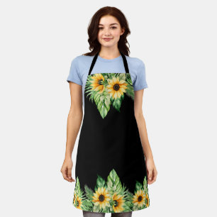 Black Apron with Tropical Foliage & Sunflowers