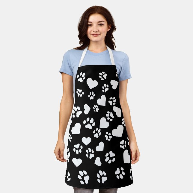 Black Apron with White Paw Prints & Heart Pattern (Worn)