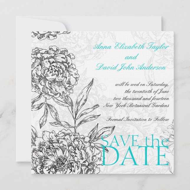 Black Aqua Blue Elegant Floral Save The Date Cards (Front)