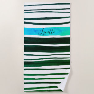 Black aqua, blue, green painted stripes beach towel