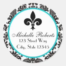 Black & Aqua Damask Fleur De Lys Address Label