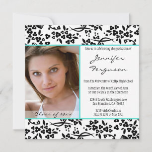 Black aqua floral graduation party announcement