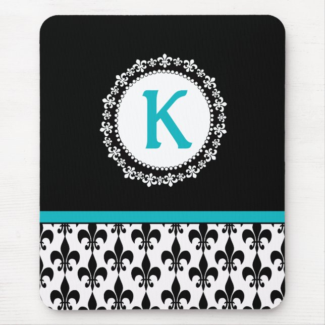 Black Aqua Monogram Fleur de Lis Mousepad (Front)