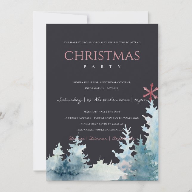 BLACK AQUA PINE TREE SNOWY FOREST CHRISTMAS PARTY HOLIDAY CARD (Front)