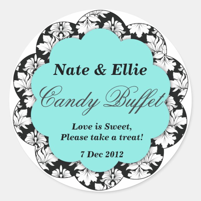 Black & Aqua Scallop Damask Candy Buffet Sticker (Front)