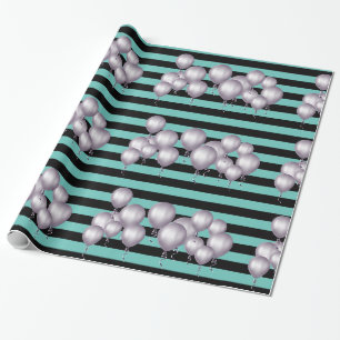 Black AQUA STRIPE GRAY Balloon BIRTHDAY WRAP Wrapping Paper