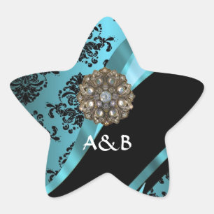 Black & aquamarine damask star sticker