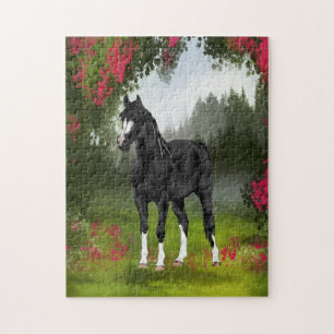 Black Arabian Horse in Spring Meadow Jigsaw Puzzle