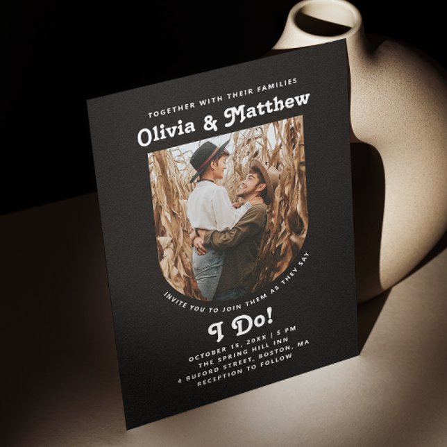 Black arch photo simple retro groovy wedding invitation (Creator Uploaded)