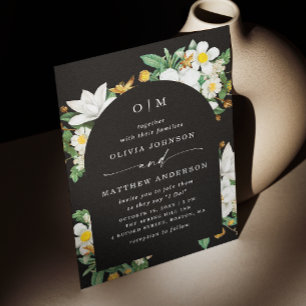 Black Arch Wedding. Elegant Bloom Floral + QR Code Invitation